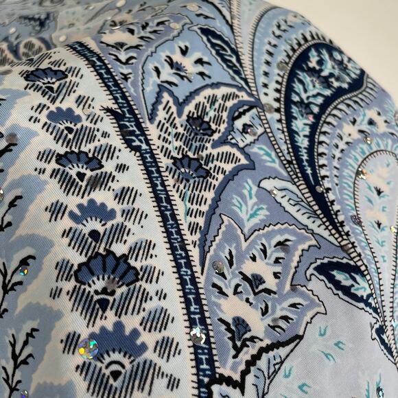 y2k Brittany Black Bedazzled Paisley Wrap Top Size L Blue Hippie Retro Stretchy - Picture 11 of 12